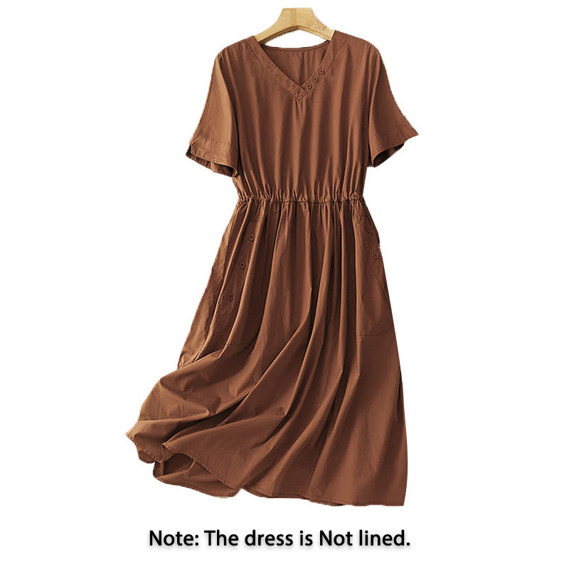 Buddha Stones Spring Plain V-neck Design Half Sleeve Cotton Linen Midi Dress With Pockets - image 1