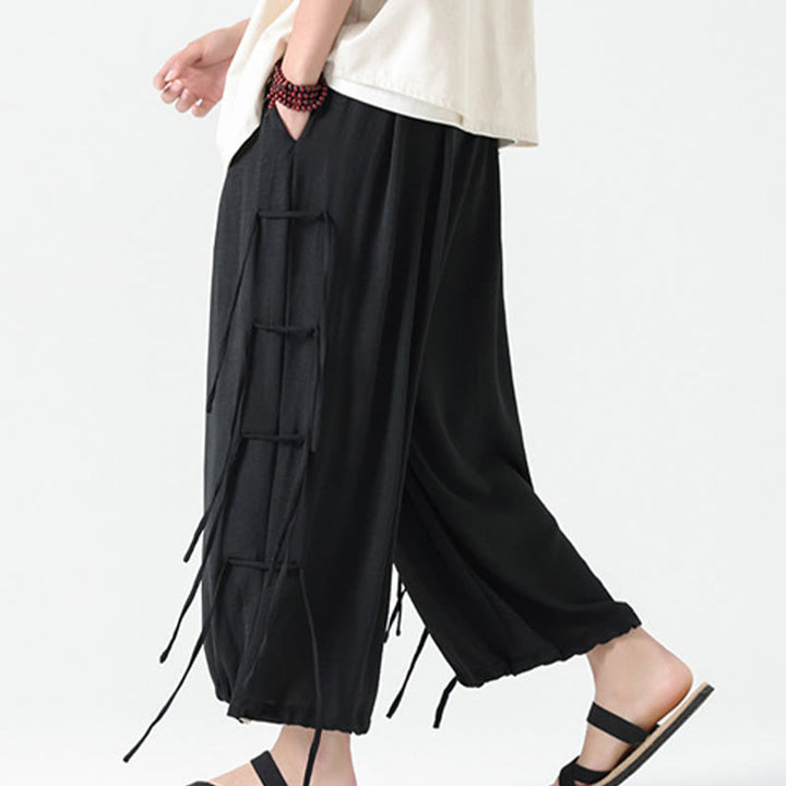 Buddha Stones Casual Loose Lanyard Design Waist Rope Men's 7-8 Length Spandex Pants With Pockets - image 10