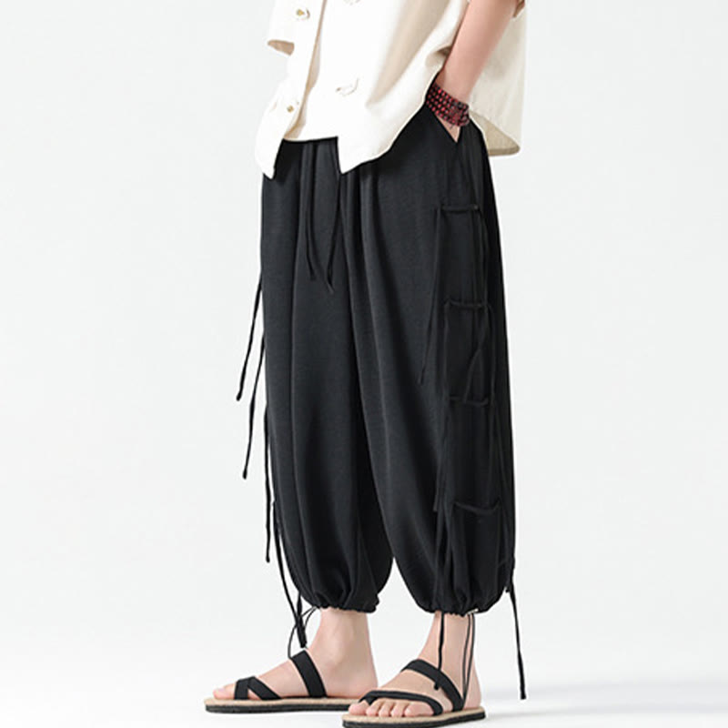 Buddha Stones Casual Loose Lanyard Design Waist Rope Men's 7-8 Length Spandex Pants With Pockets - image 2
