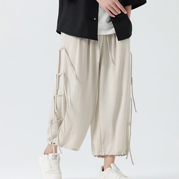 Buddha Stones Casual Loose Lanyard Design Waist Rope Men's 7-8 Length Spandex Pants With Pockets - image 28