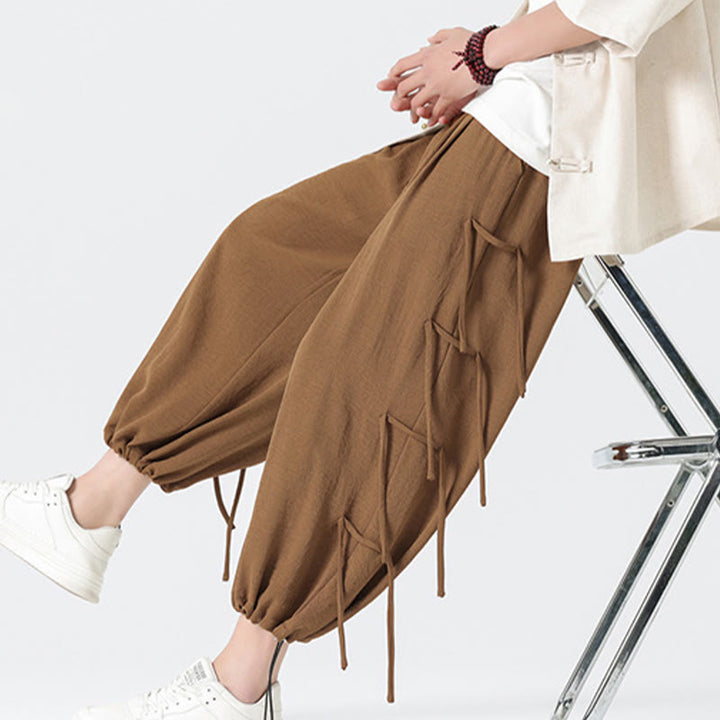 Buddha Stones Casual Loose Lanyard Design Waist Rope Men's 7-8 Length Spandex Pants With Pockets - image 39