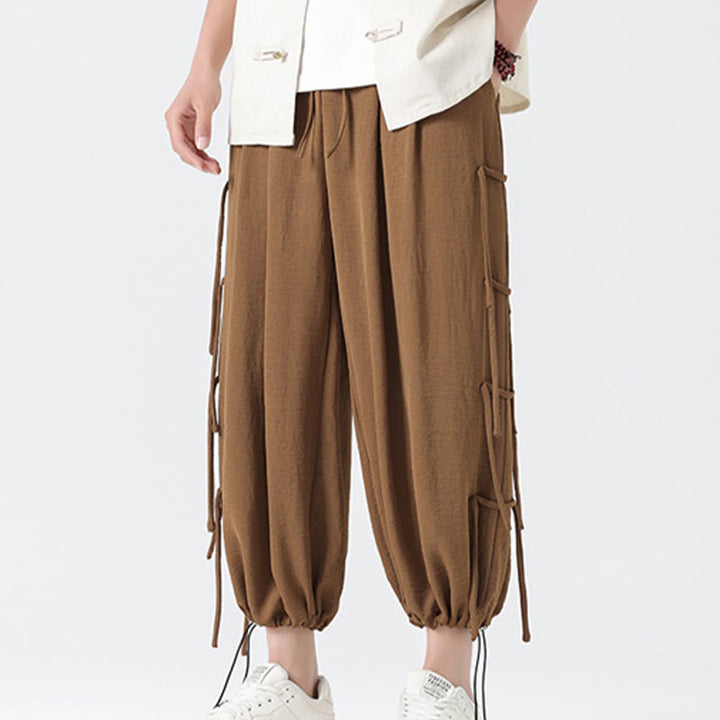 Buddha Stones Casual Loose Lanyard Design Waist Rope Men's 7-8 Length Spandex Pants With Pockets - image 37
