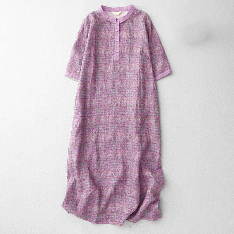 Buddha Stones Commute Printing Floral Pattern Short Sleeve Cotton Linen Midi Dress With Pockets - Orchid - US8-10，UK/AU12-14，EU40-42 (2XL) - image 0
