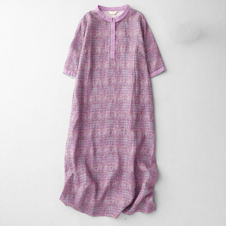 Buddha Stones Commute Printing Floral Pattern Short Sleeve Cotton Linen Midi Dress With Pockets - Orchid - US8-10，UK/AU12-14，EU40-42 (2XL) - image 0