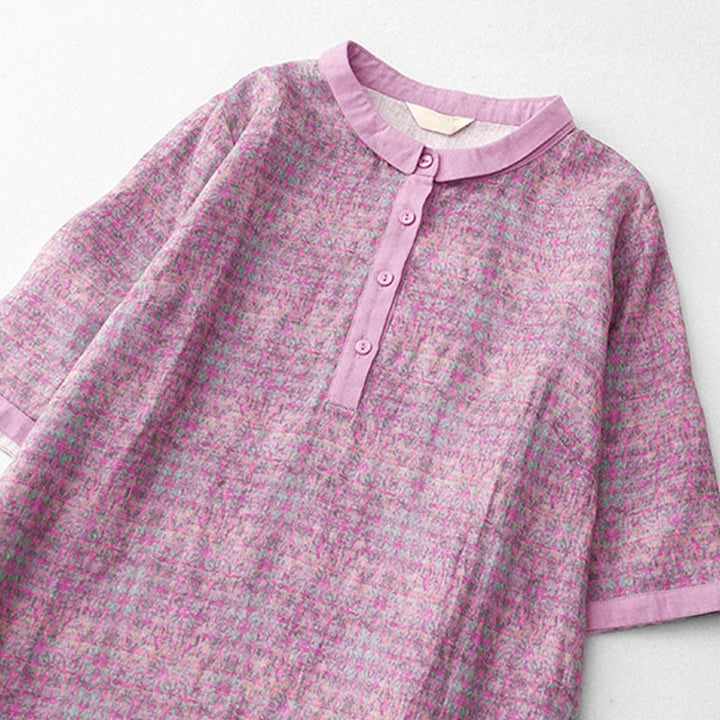 Buddha Stones Commute Printing Floral Pattern Short Sleeve Cotton Linen Midi Dress With Pockets - image 2