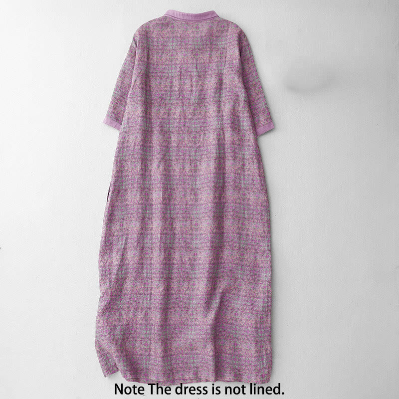 Buddha Stones Commute Printing Floral Pattern Short Sleeve Cotton Linen Midi Dress With Pockets - image 1