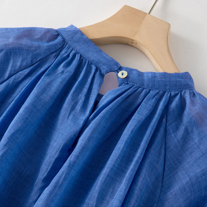 Buddha Stones Plain Drawstring Three Quarter Puff Sleeve Cotton Linen Midi Dress With Pockets - image 5