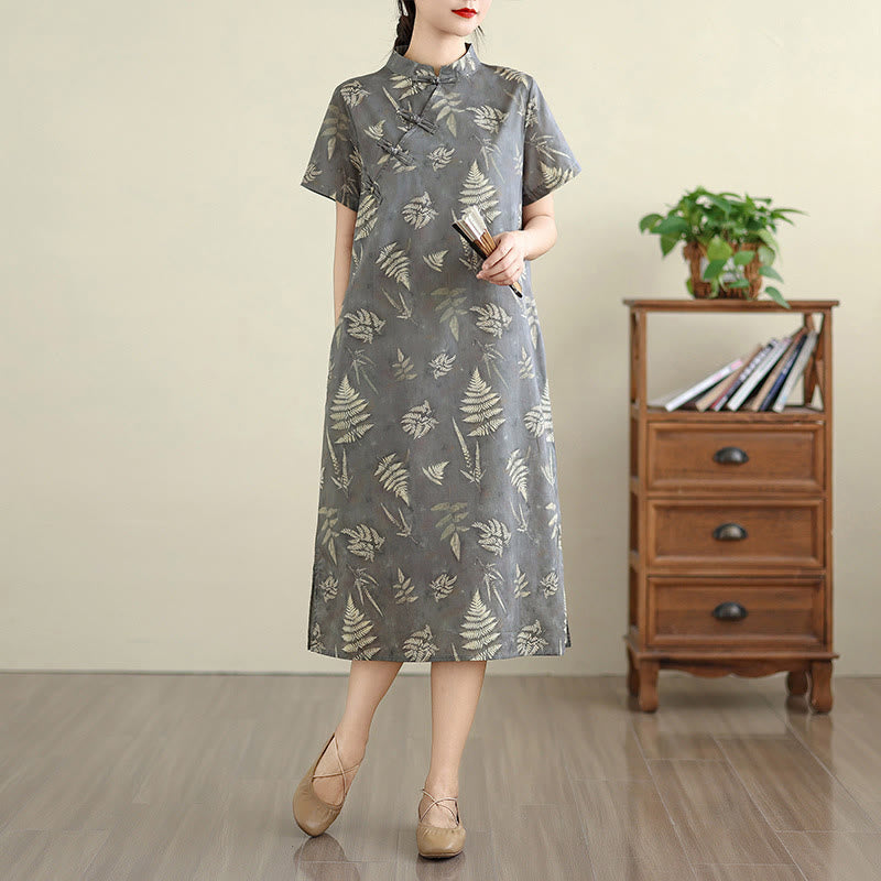 Buddha Stones Retro DarkGray Chinese Frog-Button Cotton Cheongsam Midi Dress With Pockets - DarkGray - US8-10，UK/AU12-14，EU40-42 (2XL) - image 0