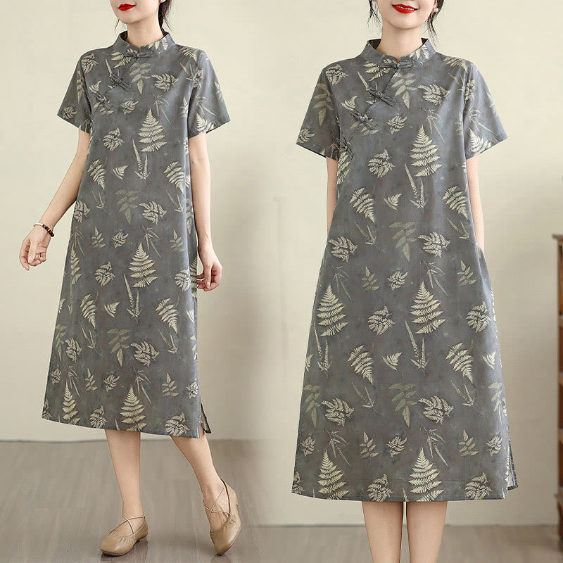 Buddha Stones Retro DarkGray Chinese Frog-Button Cotton Cheongsam Midi Dress With Pockets - image 6