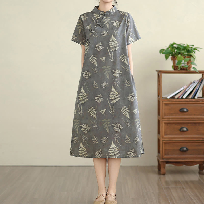 Buddha Stones Retro DarkGray Chinese Frog-Button Cotton Cheongsam Midi Dress With Pockets - image 2