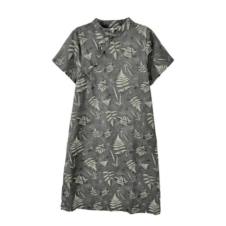Buddha Stones Retro DarkGray Chinese Frog-Button Cotton Cheongsam Midi Dress With Pockets - image 12