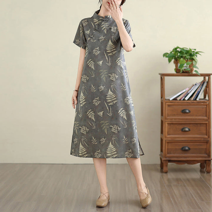Buddha Stones Retro DarkGray Chinese Frog-Button Cotton Cheongsam Midi Dress With Pockets - image 3