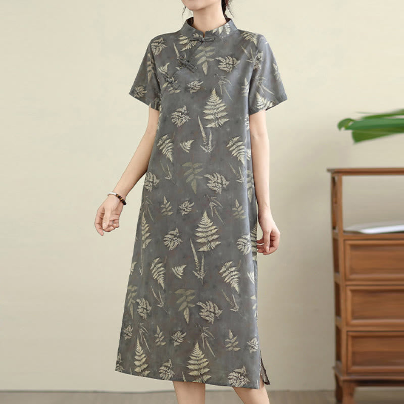 Buddha Stones Retro DarkGray Chinese Frog-Button Cotton Cheongsam Midi Dress With Pockets - image 5