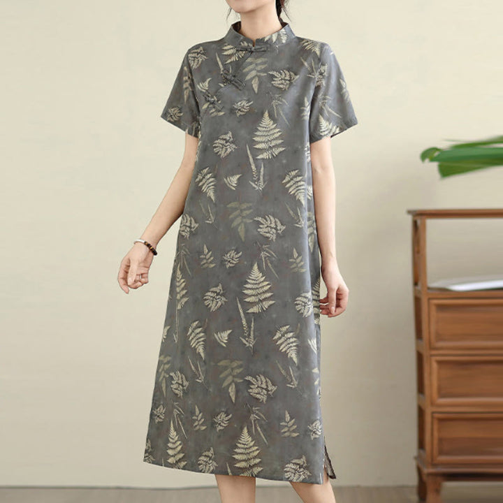 Buddha Stones Retro DarkGray Chinese Frog-Button Cotton Cheongsam Midi Dress With Pockets - image 5
