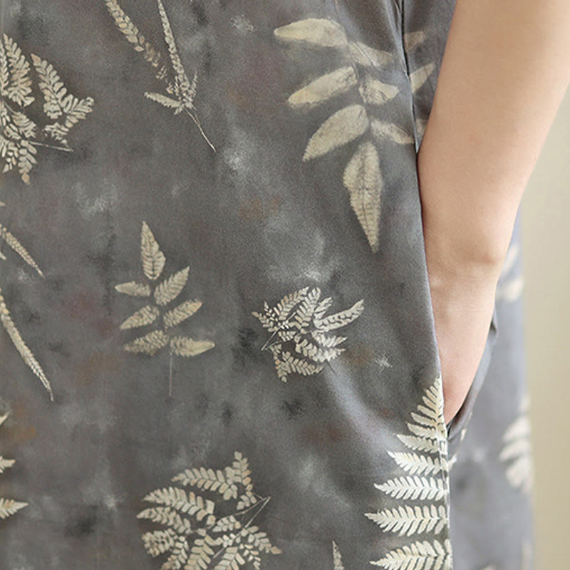 Buddha Stones Retro DarkGray Chinese Frog-Button Cotton Cheongsam Midi Dress With Pockets - image 9