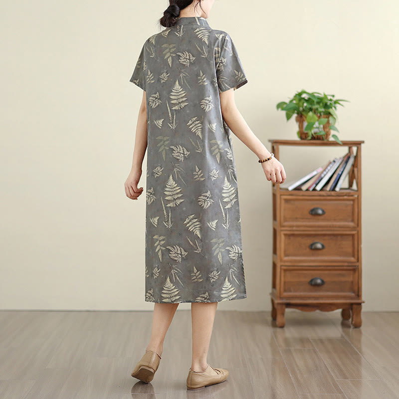 Buddha Stones Retro DarkGray Chinese Frog-Button Cotton Cheongsam Midi Dress With Pockets - image 4