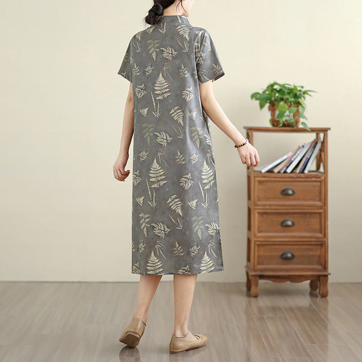 Buddha Stones Retro DarkGray Chinese Frog-Button Cotton Cheongsam Midi Dress With Pockets - image 4