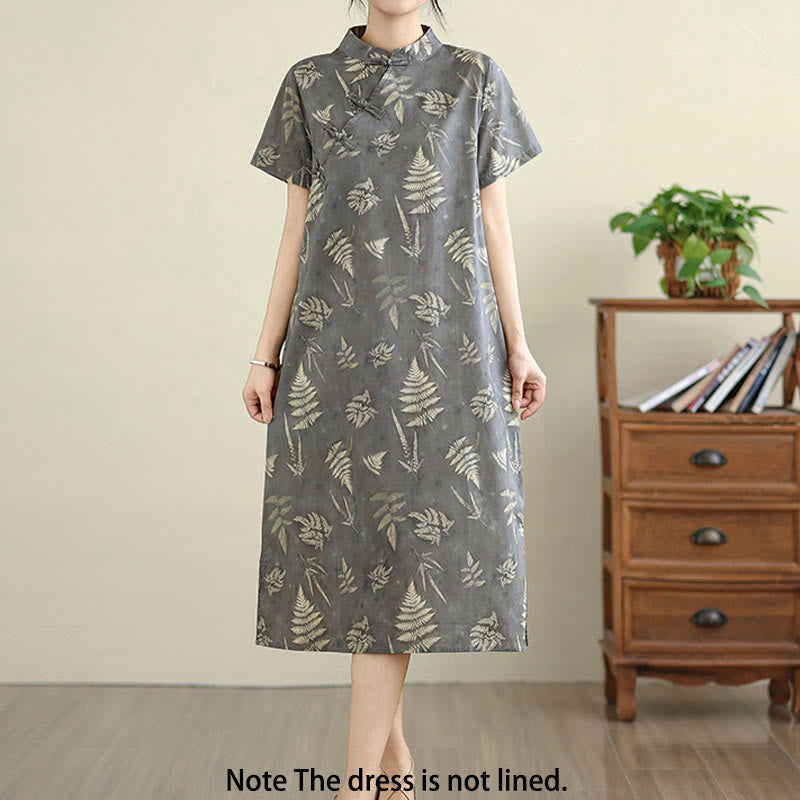 Buddha Stones Retro DarkGray Chinese Frog-Button Cotton Cheongsam Midi Dress With Pockets - image 1