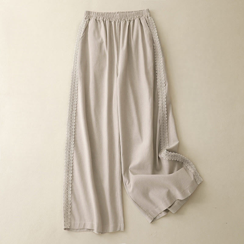 Buddha Stones Plain Color Lace Stitching Cotton Linen Women's Wide Leg Pants With Pockets - Beige - US8-10，UK/AU12-14，EU40-42 (2XL) - image 8
