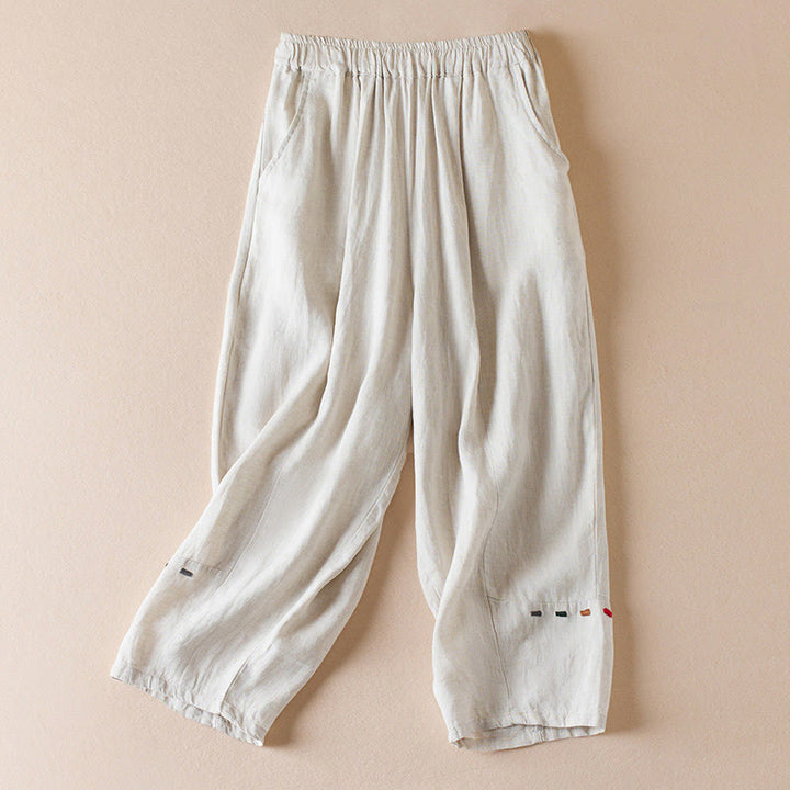 Buddha Stones Colored Thread 7-8 Length Women's Harem Cotton Linen Pants With Pockets - Beige - US12，UK/AU16，EU44 (3XL) - image 0