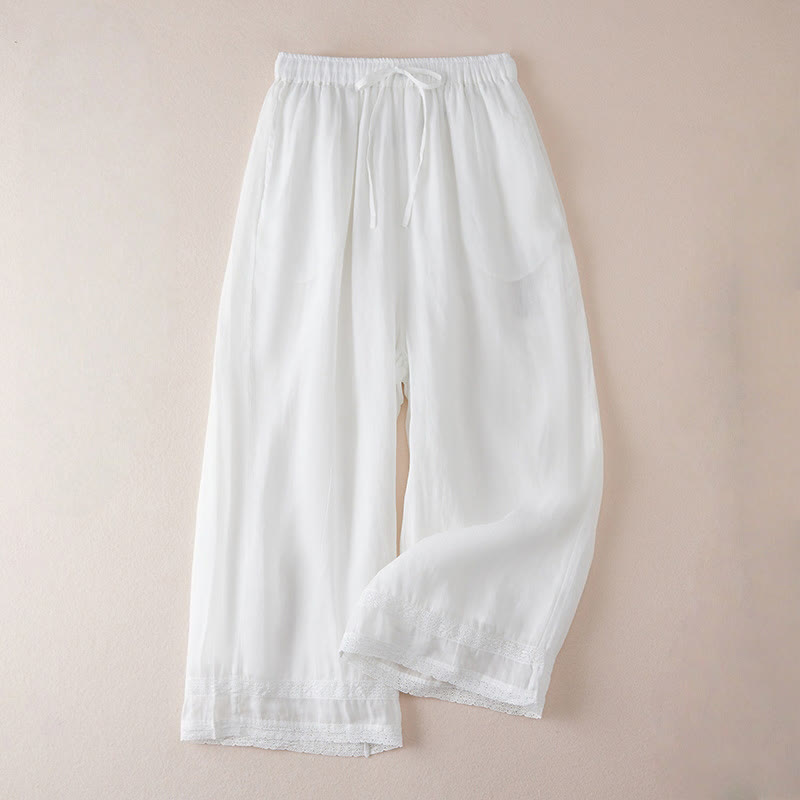 Buddha Stones Casual Lining Design Cotton Women's 7-8 Length Wide Leg Pants With Pockets - White - US8-10，UK/AU12-14，EU40-42 (2XL) - image 9