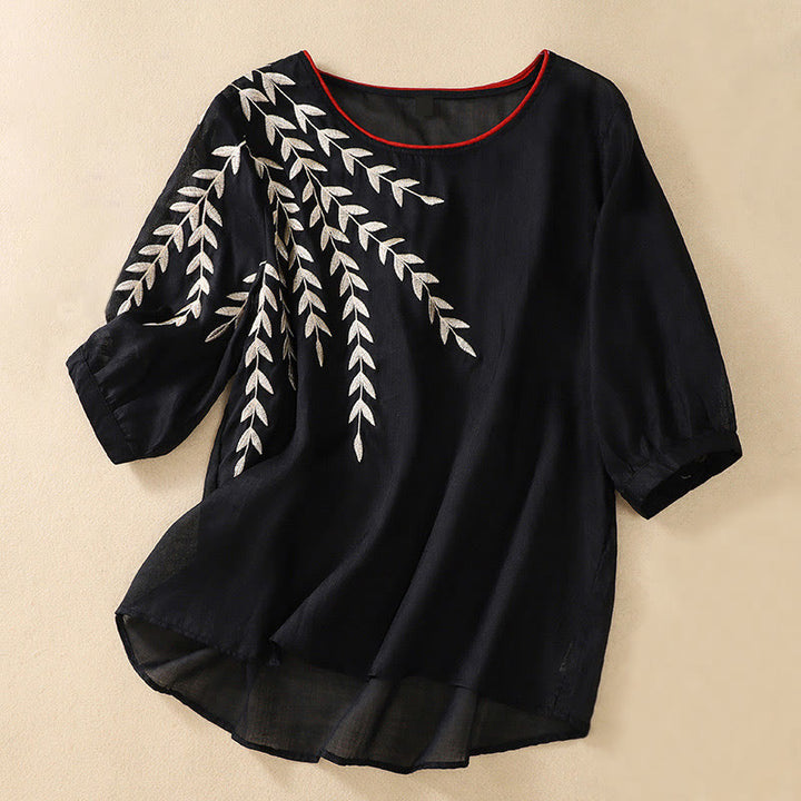 Buddha Stones Embroidery Leaves Women's Cotton Linen Half Sleeve T-shirt - Black - US8-10，UK/AU12-14，EU40-42 (2XL) - image 22