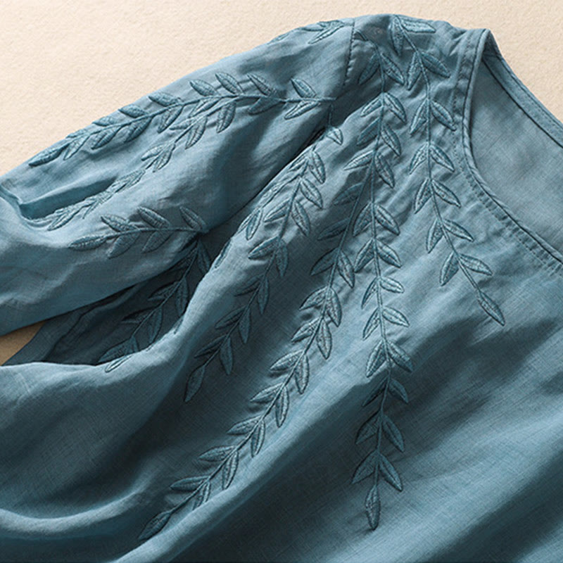 Buddha Stones Embroidery Leaves Women's Cotton Linen Half Sleeve T-shirt - image 34