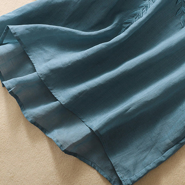 Buddha Stones Embroidery Leaves Women's Cotton Linen Half Sleeve T-shirt - image 35