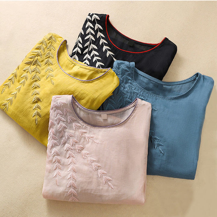 Buddha Stones Embroidery Leaves Women's Half Sleeve T-shirt - image 37