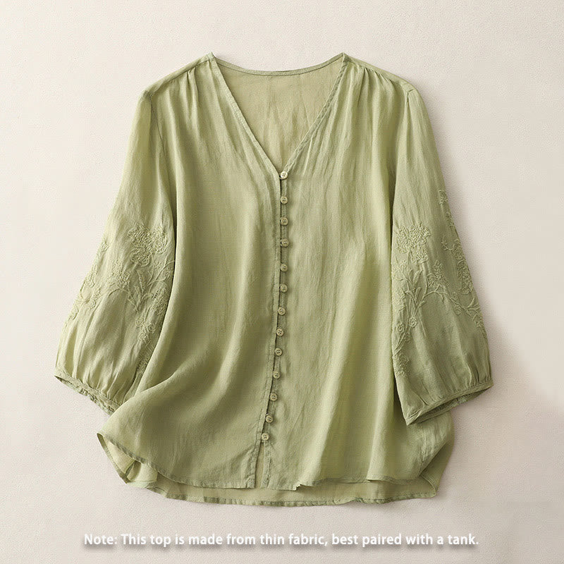 Buddha Stones Embroidery Button-down Women's Cotton Linen Shirt - image 1