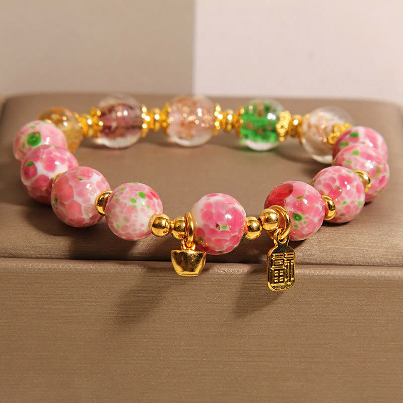 Buddha Stones Fu Character Pink Liuli Luck Bracelet - Liuli(Wrist Circumference 15-16cm) - image 0