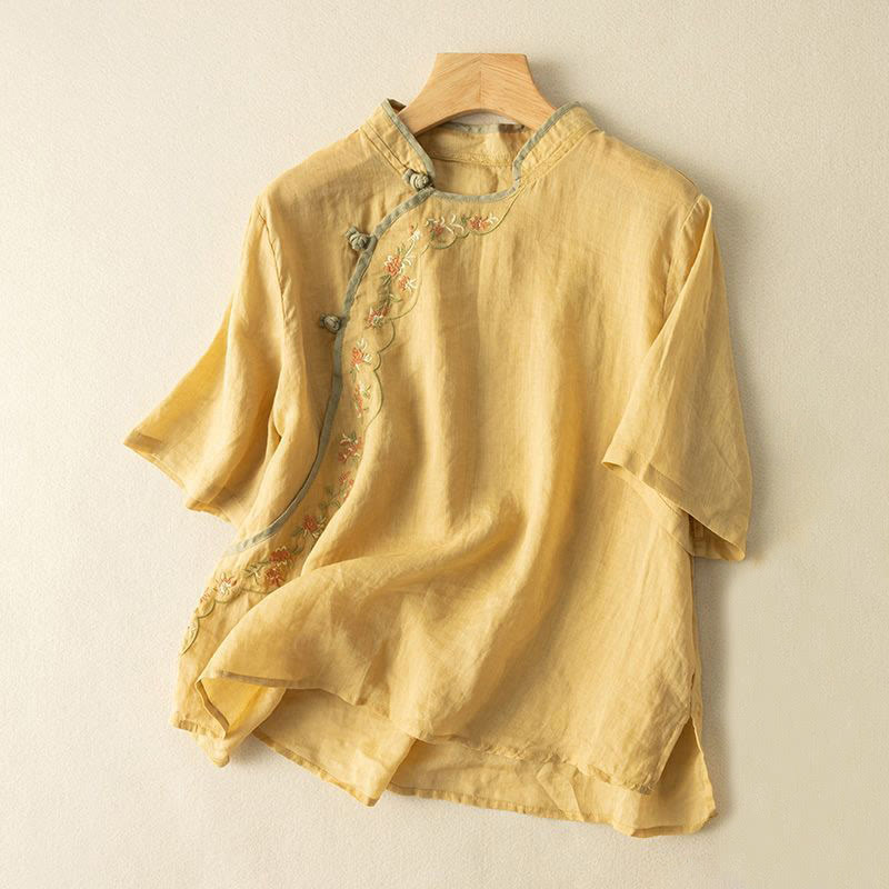 Buddha Stones Casual Slant Collar Embroidery Frog-Button Design Women's Cotton Linen Shirt - Gold - US16，UK/AU20，EU48 (3XL) - image 0