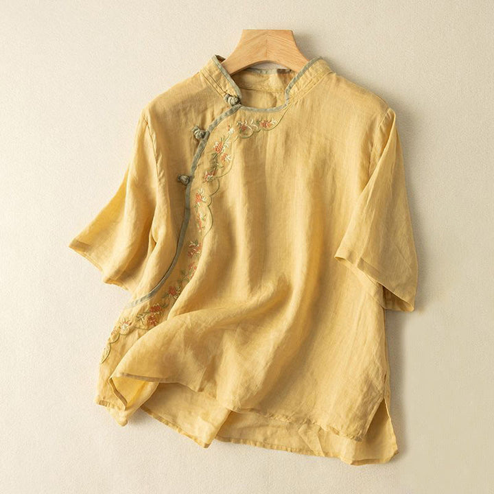 Buddha Stones Casual Slant Collar Embroidery Frog-Button Design Women's Cotton Linen Shirt - Gold - US16，UK/AU20，EU48 (3XL) - image 0