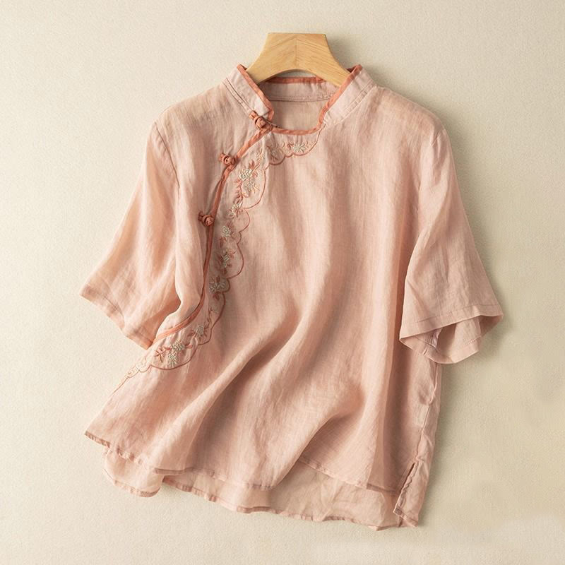 Buddha Stones Casual Slant Collar Embroidery Frog-Button Design Women's Cotton Linen Shirt - LightSalmon - US16，UK/AU20，EU48 (3XL) - image 2