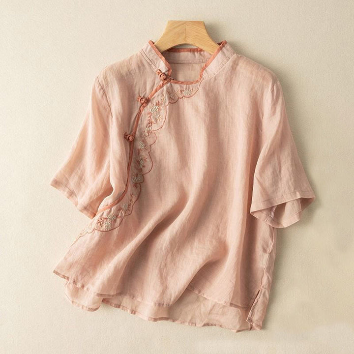 Buddha Stones Casual Slant Collar Embroidery Frog-Button Design Women's Cotton Linen Shirt - LightSalmon - US16，UK/AU20，EU48 (3XL) - image 2