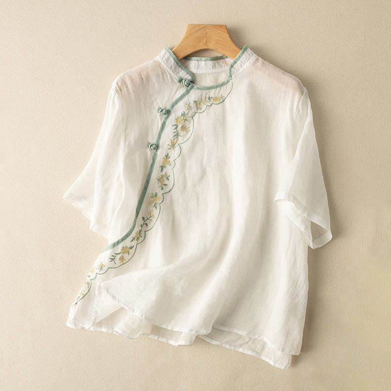 Buddha Stones Casual Slant Collar Embroidery Frog-Button Design Women's Cotton Linen Shirt - White - US16，UK/AU20，EU48 (3XL) - image 10