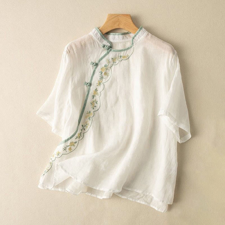 Buddha Stones Casual Slant Collar Embroidery Frog-Button Design Women's Cotton Linen Shirt - White - US16，UK/AU20，EU48 (3XL) - image 10