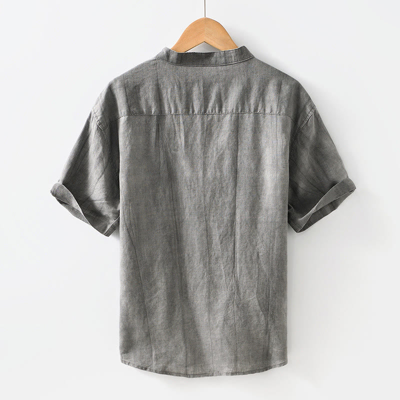 Buddha Stones Simple Buttons Design Men's Short Sleeve Cotton Linen Shirt With Pocket - image 1