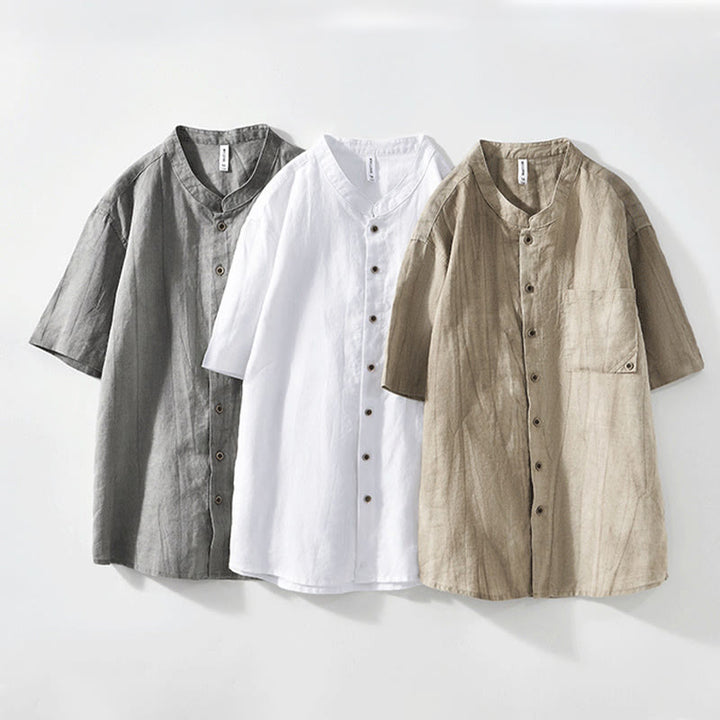 Buddha Stones Simple Buttons Design Men's Short Sleeve Cotton Linen Shirt With Pocket - image 19