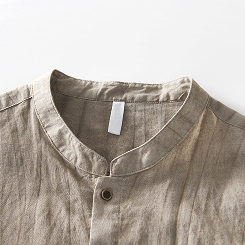 Buddha Stones Simple Buttons Design Men's Short Sleeve Cotton Linen Shirt With Pocket - image 14