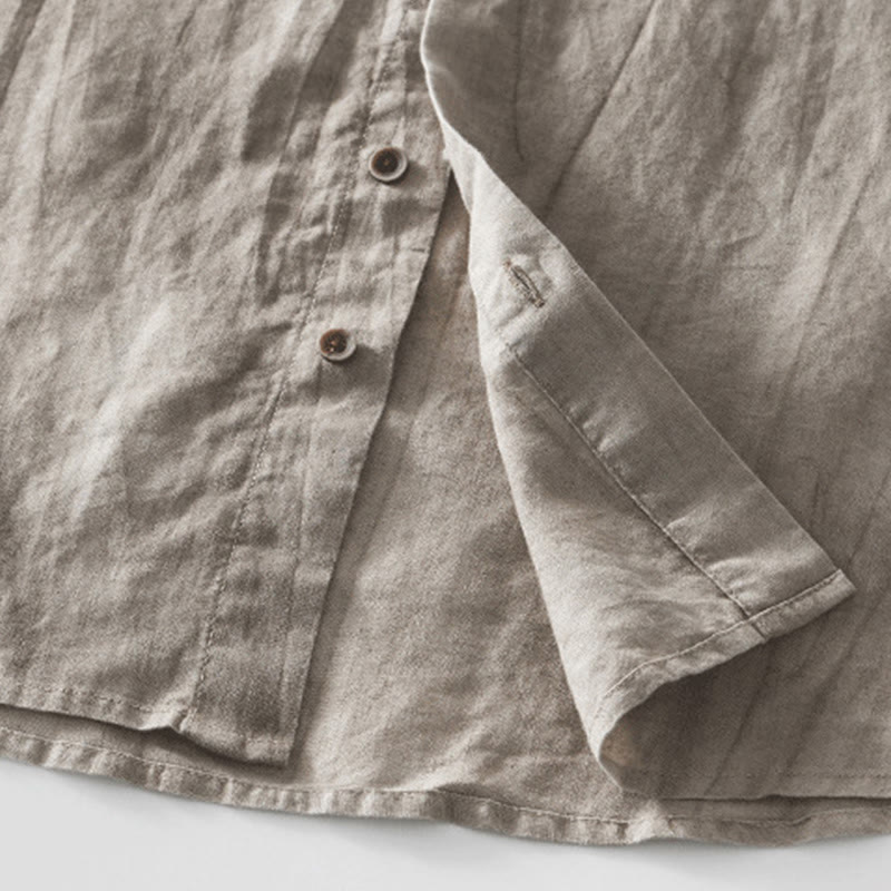 Buddha Stones Simple Buttons Design Men's Short Sleeve Cotton Linen Shirt With Pocket - image 18
