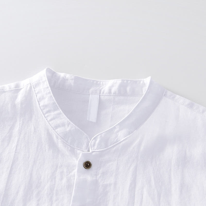 Buddha Stones Simple Buttons Design Men's Short Sleeve Cotton Linen Shirt With Pocket - image 7