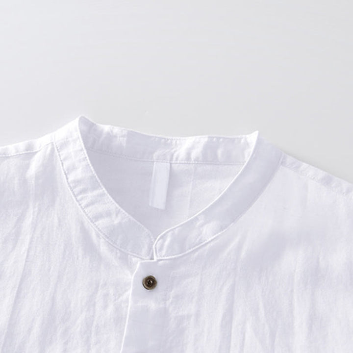 Buddha Stones Simple Buttons Design Men's Short Sleeve Cotton Linen Shirt With Pocket - image 7