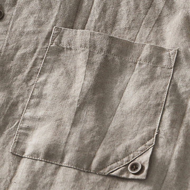 Buddha Stones Simple Buttons Design Men's Short Sleeve Cotton Linen Shirt With Pocket - image 15