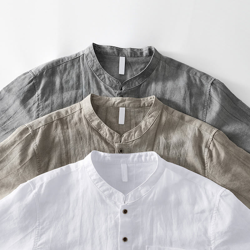 Buddha Stones Simple Buttons Design Men's Short Sleeve Cotton Linen Shirt With Pocket - image 20