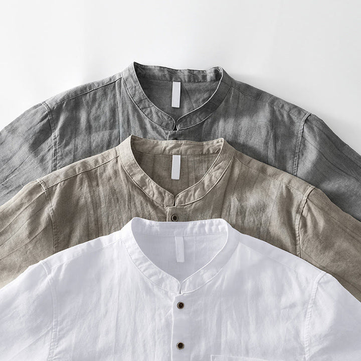 Buddha Stones Simple Buttons Design Men's Short Sleeve Cotton Linen Shirt With Pocket - image 20
