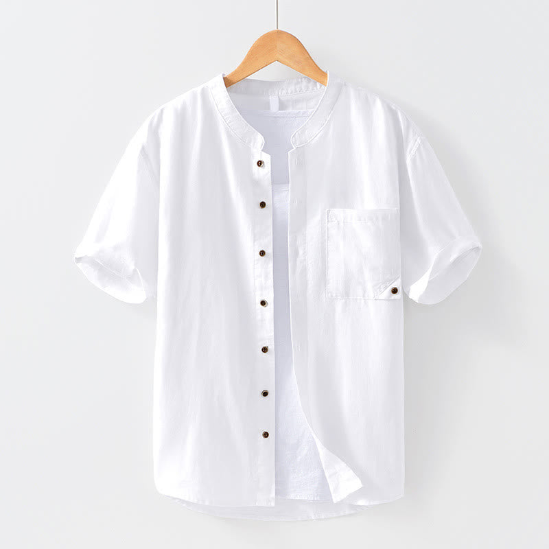 Buddha Stones Simple Buttons Design Men's Short Sleeve Cotton Linen Shirt With Pocket - White - US/UK/AU42，EU52 (3XL) - image 6