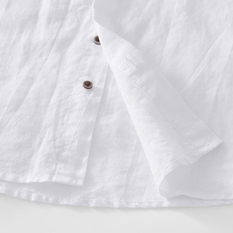 Buddha Stones Simple Buttons Design Men's Short Sleeve Cotton Linen Shirt With Pocket - image 10