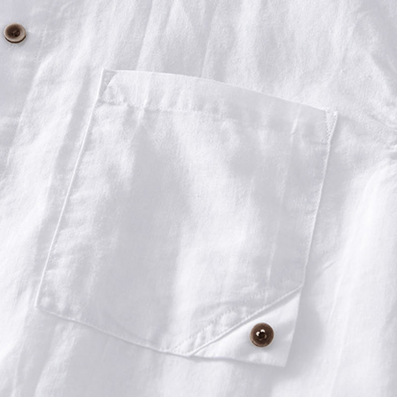 Buddha Stones Simple Buttons Design Men's Short Sleeve Cotton Linen Shirt With Pocket - image 9
