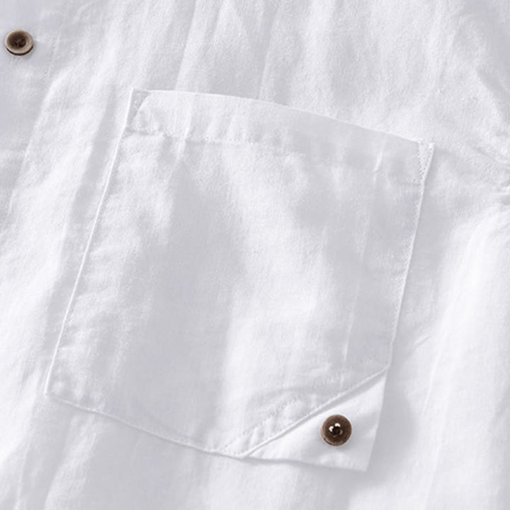 Buddha Stones Simple Buttons Design Men's Short Sleeve Cotton Linen Shirt With Pocket - image 9
